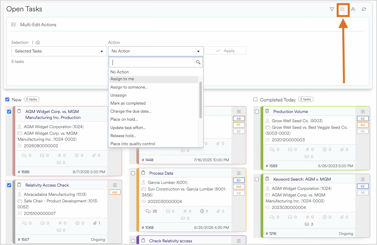 Open tasks interface displaying various task options and selected tasks for management.